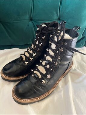 Black Leather Lace-Up Ankle Boots with Shearling Trim